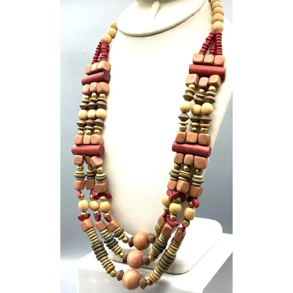 Muted Multi Strand Drape Necklace with Boho Wood Beads in Different Shapes - Picture 3 of 4
